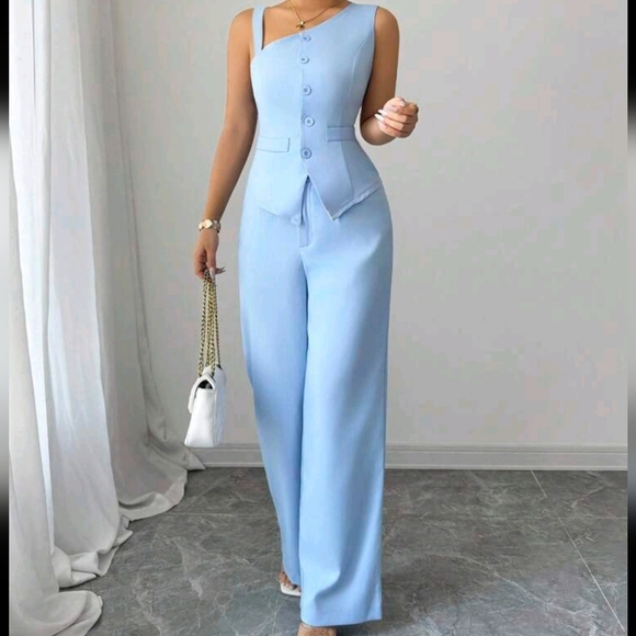 2pcs Spring/Summer Spaghetti Strap Button Sleeveless Vest And Straight Leg Pants - Picture 1 of 4